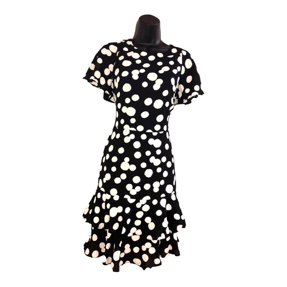 Nicole miller studio black oversize polka dot flutter hem flirty dress size 2 - Picture 11 of 16